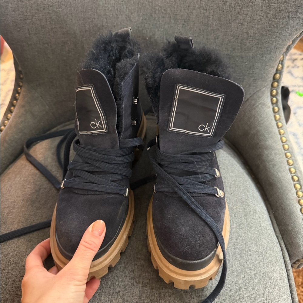 Calvin Klein Navy Suede Boots with Tan Sole